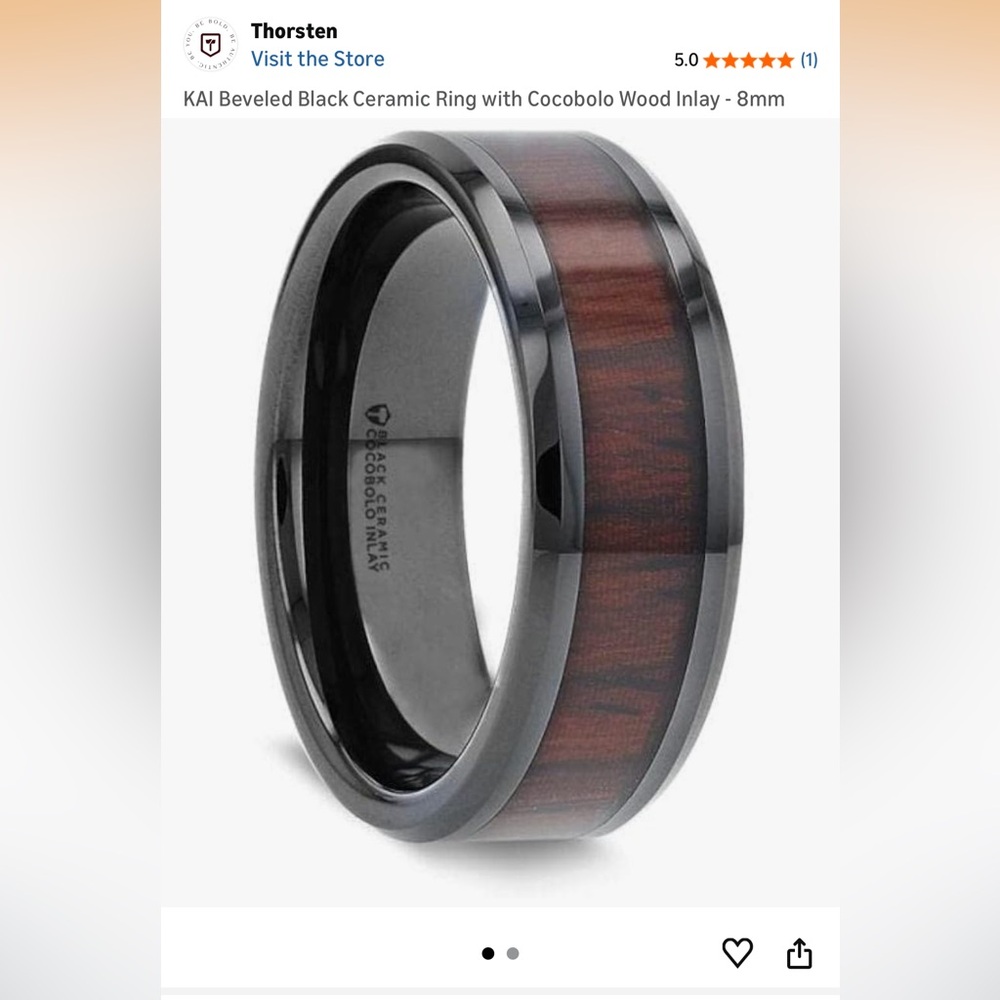 Beveled Black Ceramic Ring with Cocobolo Wood Inlay - 8mm  size 10.5